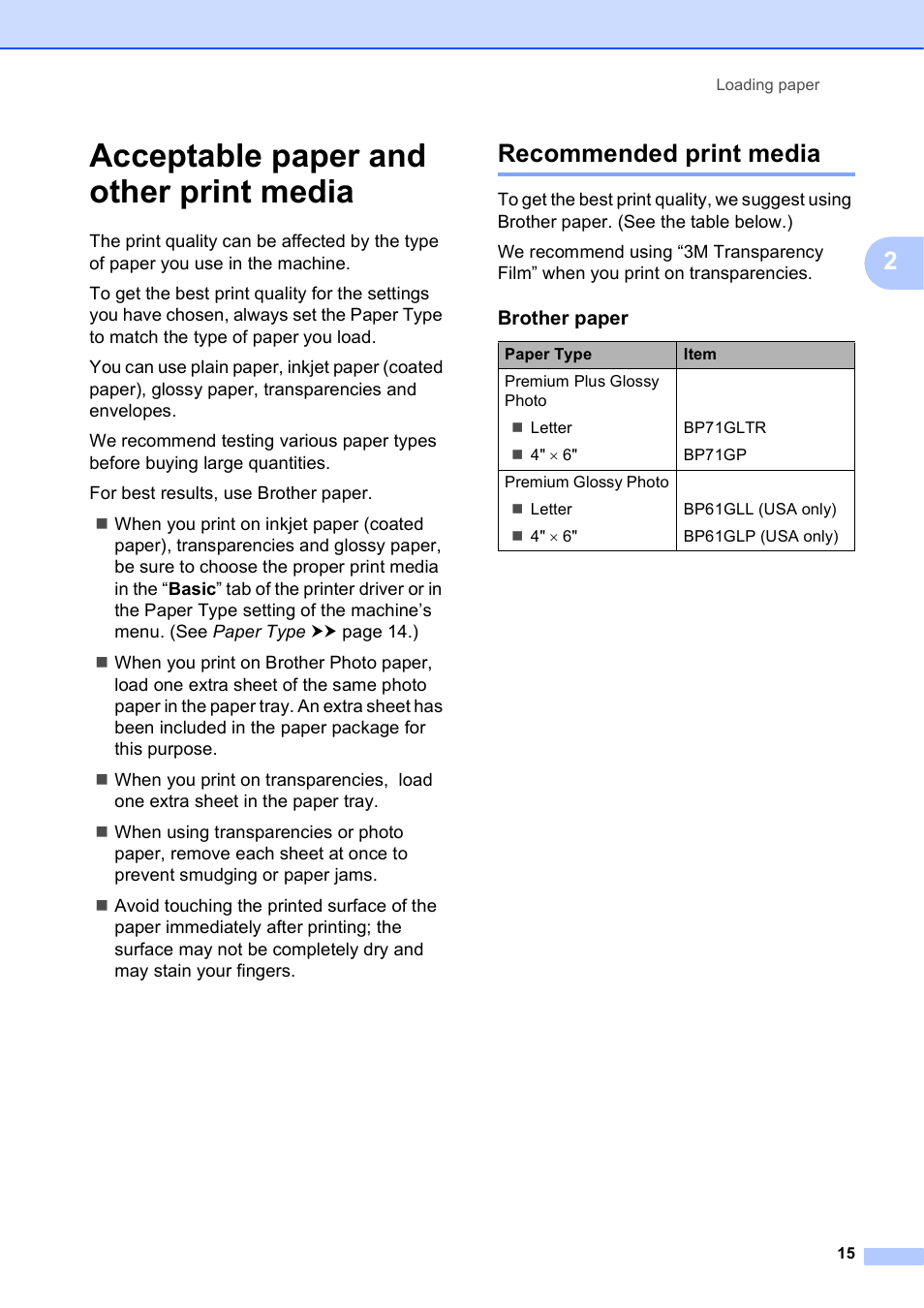 Acceptable paper and other print media, Recommended print media | Brother Printer DCP-J140W User Manual | Page 25 / 76