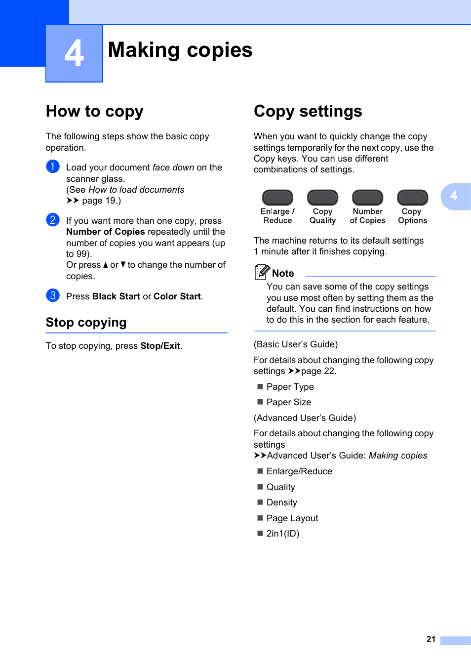 4 making copies, How to copy, Stop copying | Copy settings, Making copies | Brother Printer DCP-J140W User Manual | Page 31 / 76
