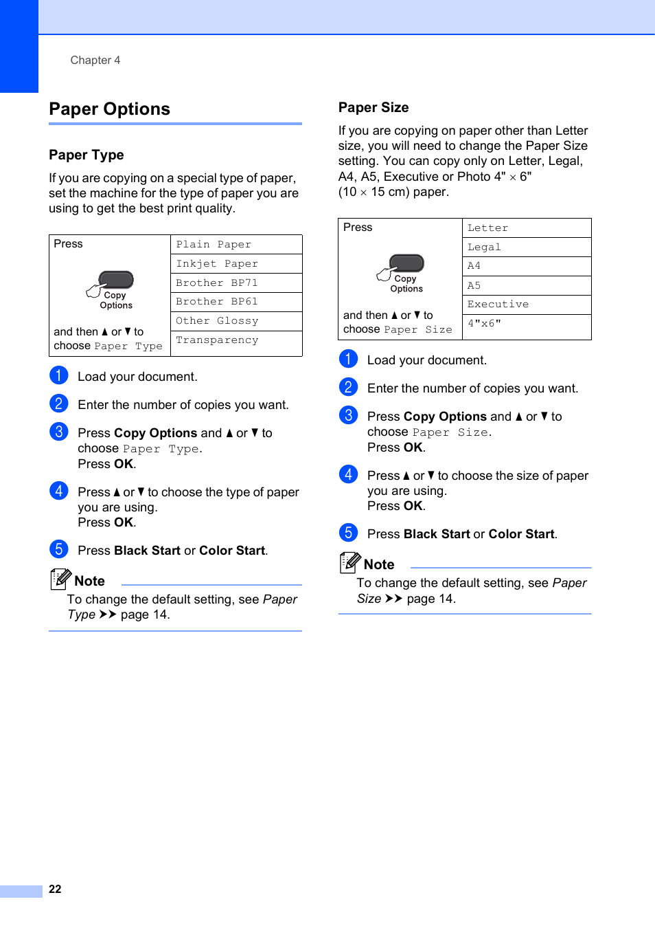 Paper options, Paper type, Paper size | Brother Printer DCP-J140W User Manual | Page 32 / 76