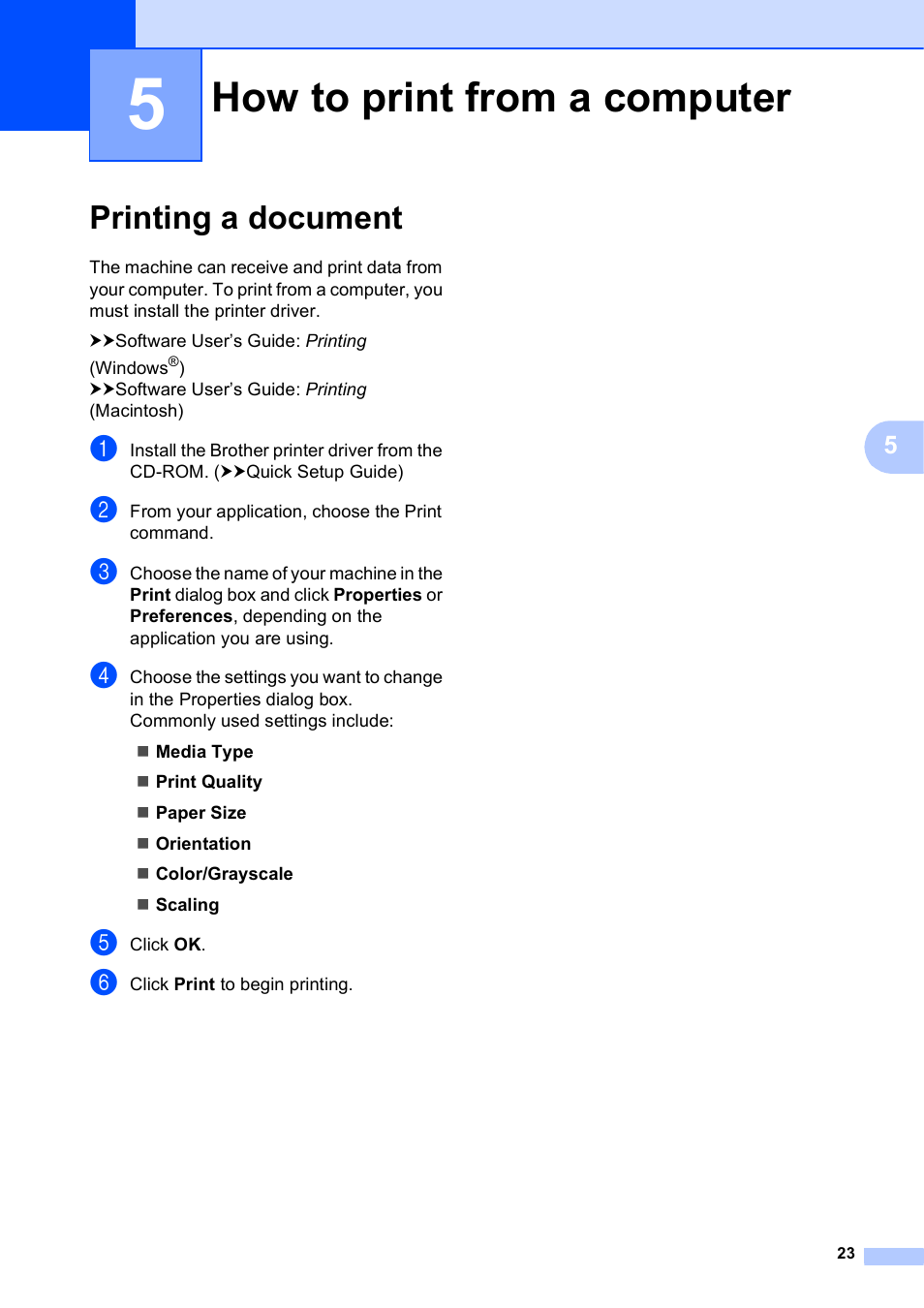 5 how to print from a computer, Printing a document, How to print from a computer | Brother Printer DCP-J140W User Manual | Page 33 / 76