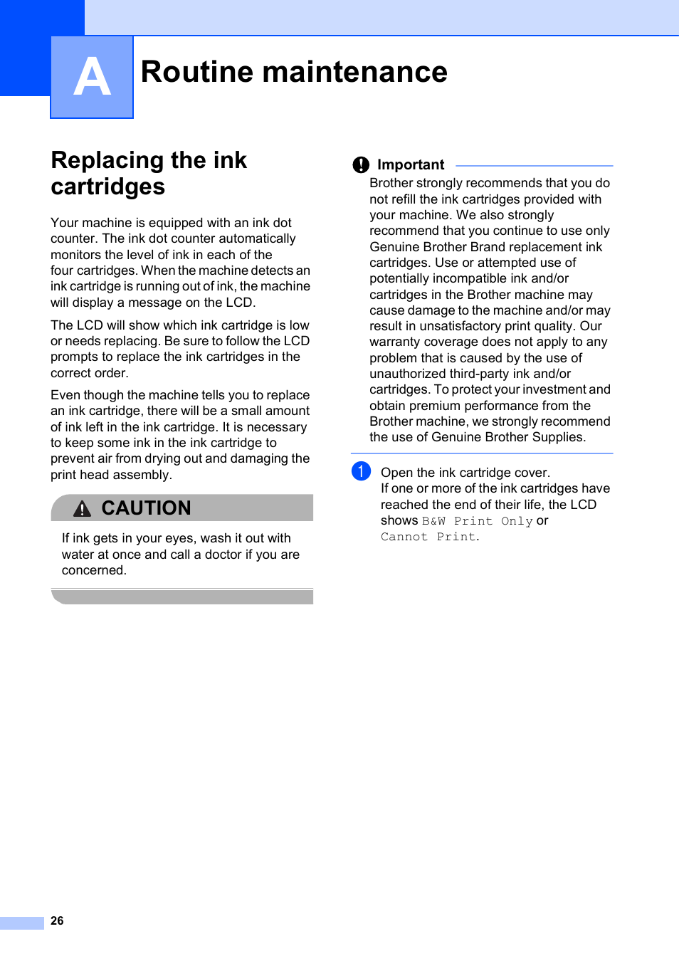 A routine maintenance, Replacing the ink cartridges, Routine maintenance | Ee replacing the ink cartridges uu, Caution | Brother Printer DCP-J140W User Manual | Page 36 / 76