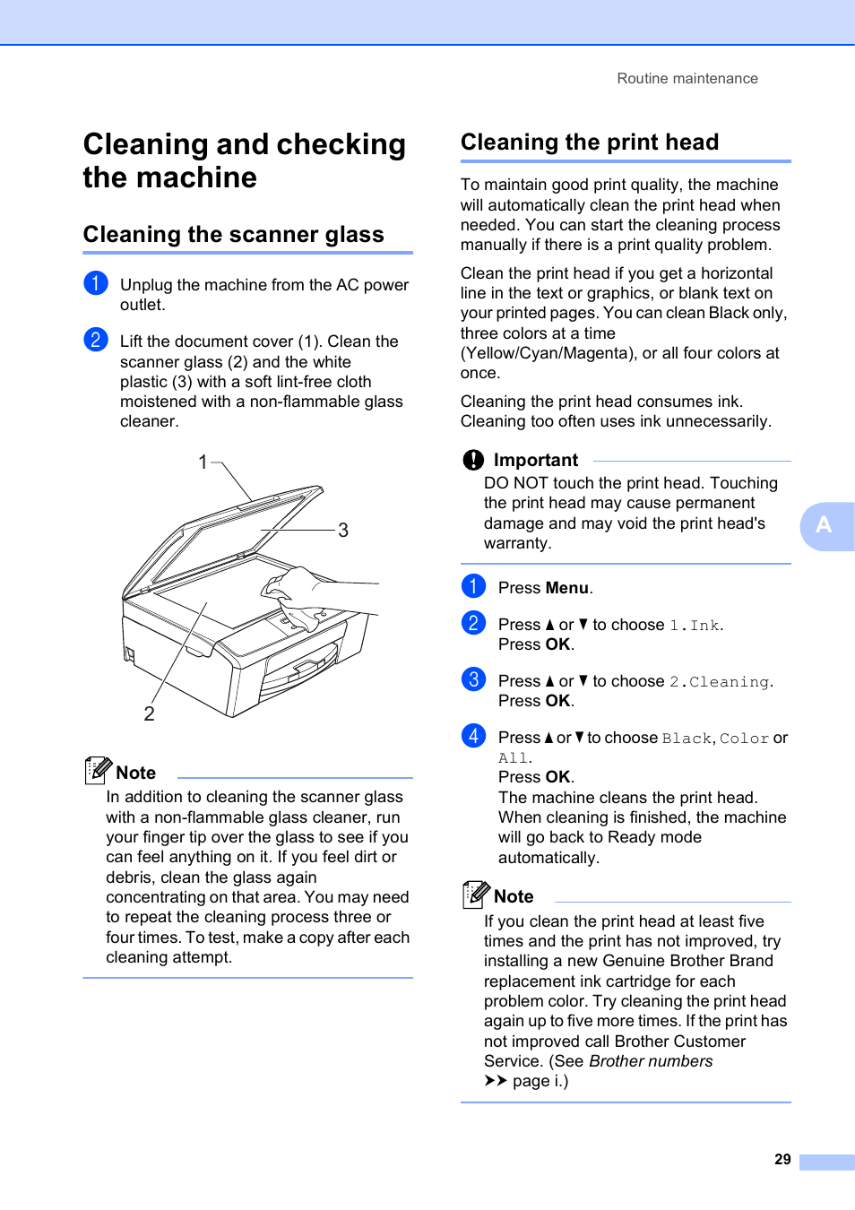 Cleaning and checking the machine, Cleaning the scanner glass, Cleaning the print head | Cleaning the scanner glass cleaning the print head | Brother Printer DCP-J140W User Manual | Page 39 / 76