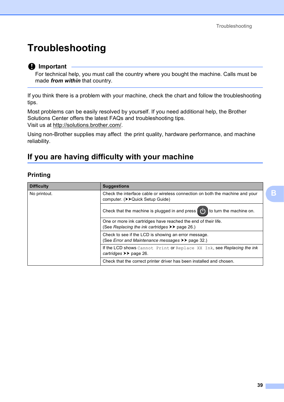 Troubleshooting, If you are having difficulty with your machine, Troubleshooting uu | Important, Printing | Brother Printer DCP-J140W User Manual | Page 49 / 76