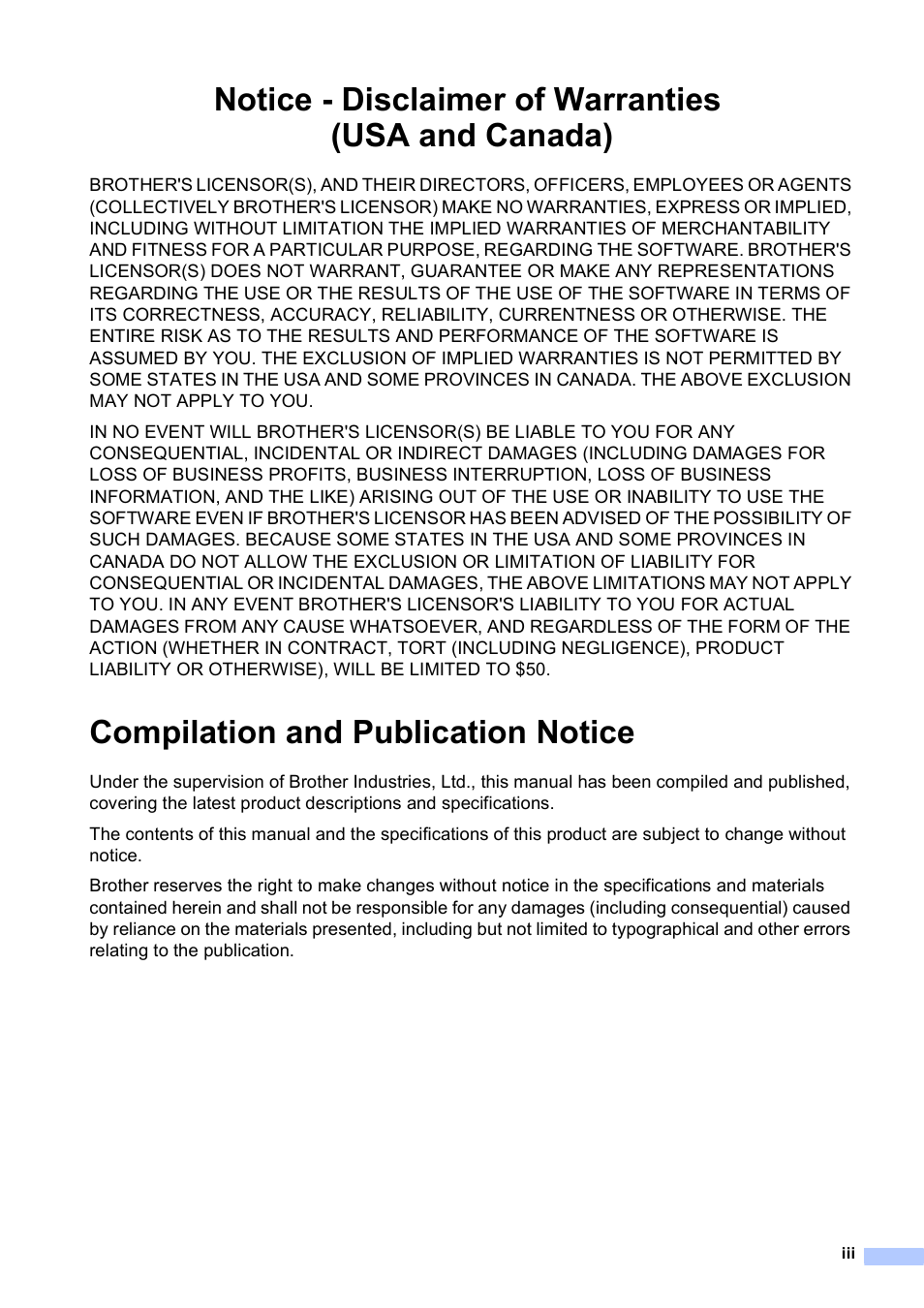 Notice - disclaimer of warranties (usa and canada), Compilation and publication notice | Brother Printer DCP-J140W User Manual | Page 5 / 76