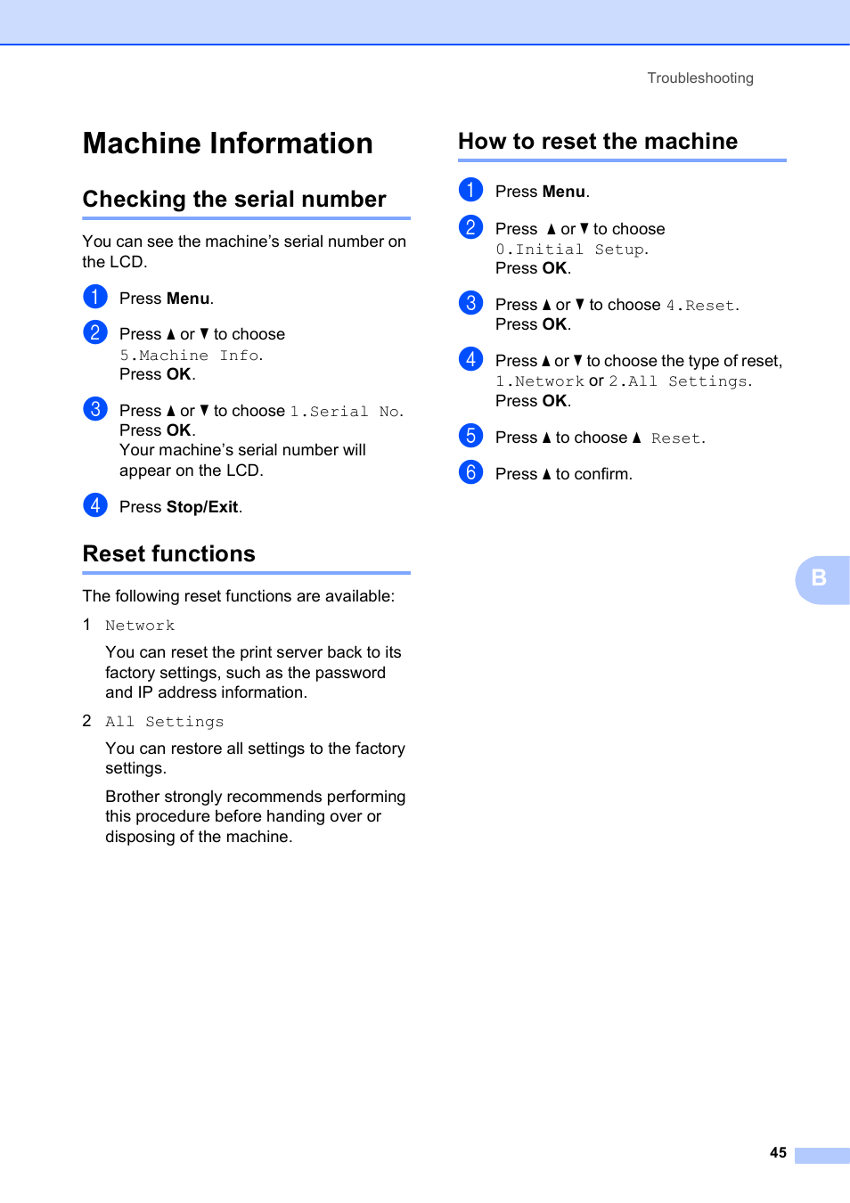 Machine information, Checking the serial number, Reset functions | How to reset the machine | Brother Printer DCP-J140W User Manual | Page 55 / 76