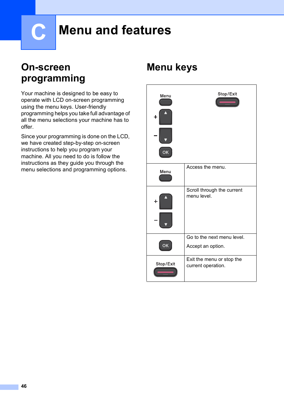 C menu and features, On-screen programming, Menu keys | Menu and features, On-screen programming menu keys | Brother Printer DCP-J140W User Manual | Page 56 / 76