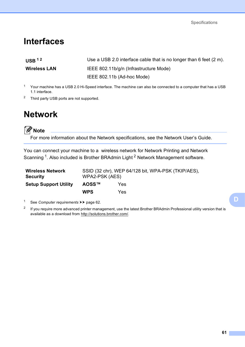 Interfaces, Network, Interfaces network | Brother Printer DCP-J140W User Manual | Page 71 / 76