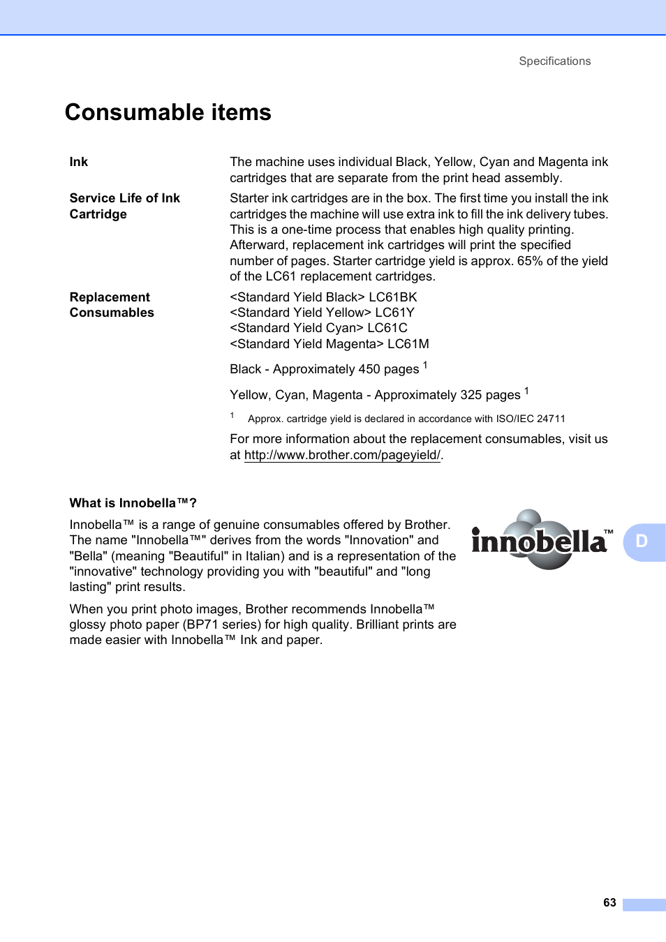 Consumable items | Brother Printer DCP-J140W User Manual | Page 73 / 76