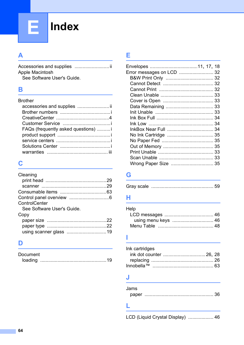 Index | Brother Printer DCP-J140W User Manual | Page 74 / 76