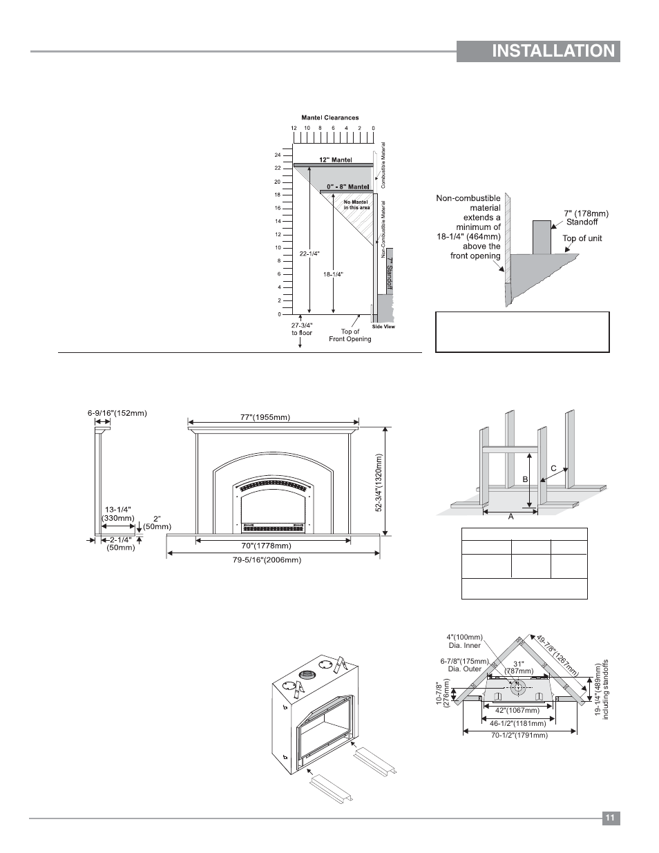 Installation, Framing and finishing, Combustible mantels | Unit base stand-offs | Regency Excalibur P90 Medium Gas Fireplace User Manual | Page 11 / 56