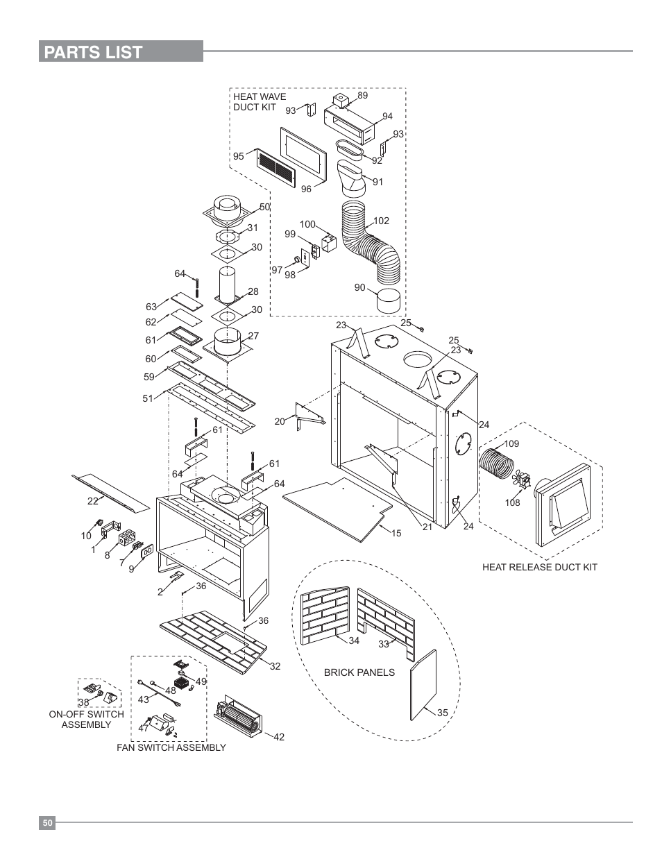 Parts list | Regency Excalibur P90 Medium Gas Fireplace User Manual | Page 50 / 56