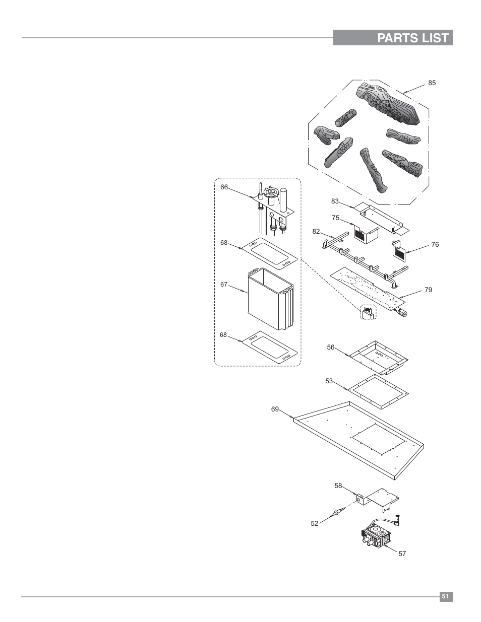 Parts list, Burner assembly & log set | Regency Excalibur P90 Medium Gas Fireplace User Manual | Page 51 / 56