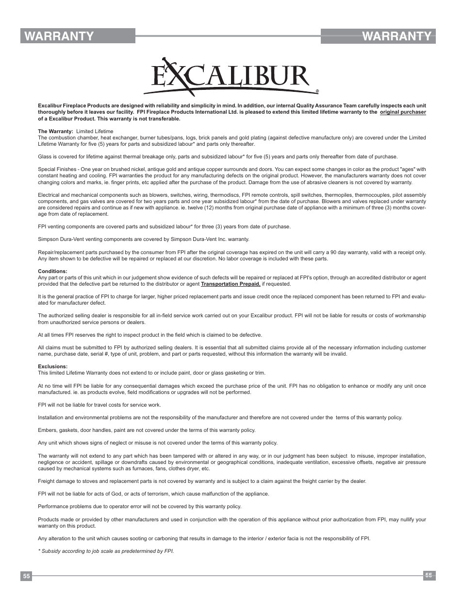Warranty | Regency Excalibur P90 Medium Gas Fireplace User Manual | Page 55 / 56