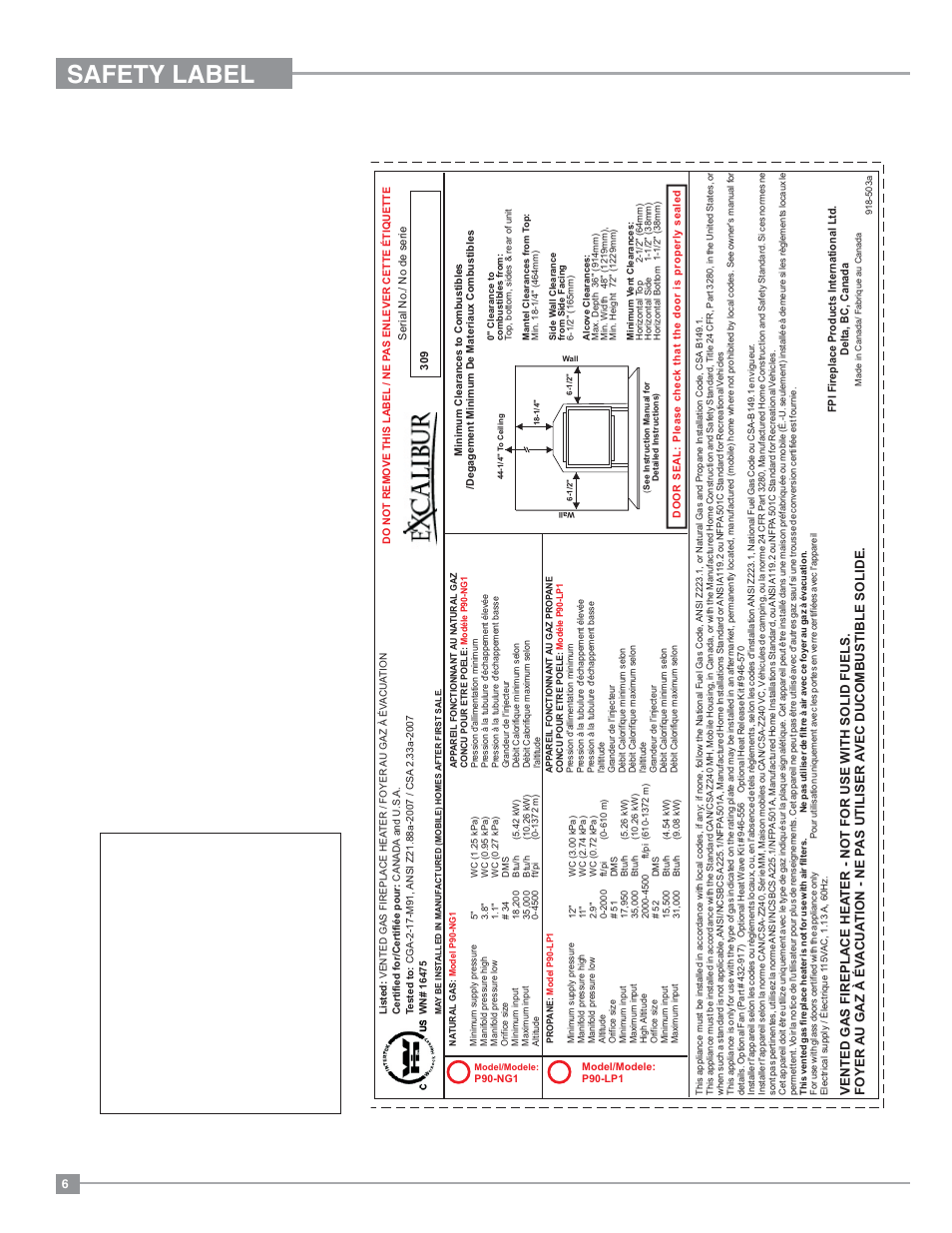 Safety label, Copy of safety decal for p90 | Regency Excalibur P90 Medium Gas Fireplace User Manual | Page 6 / 56