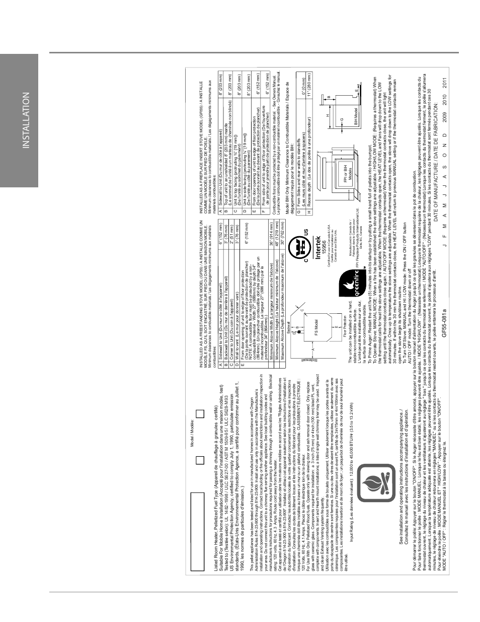 Safety label, Caution, Attention | Inst alla tion | Regency Greenfire GFI55 Medium Pellet Insert User Manual | Page 4 / 16