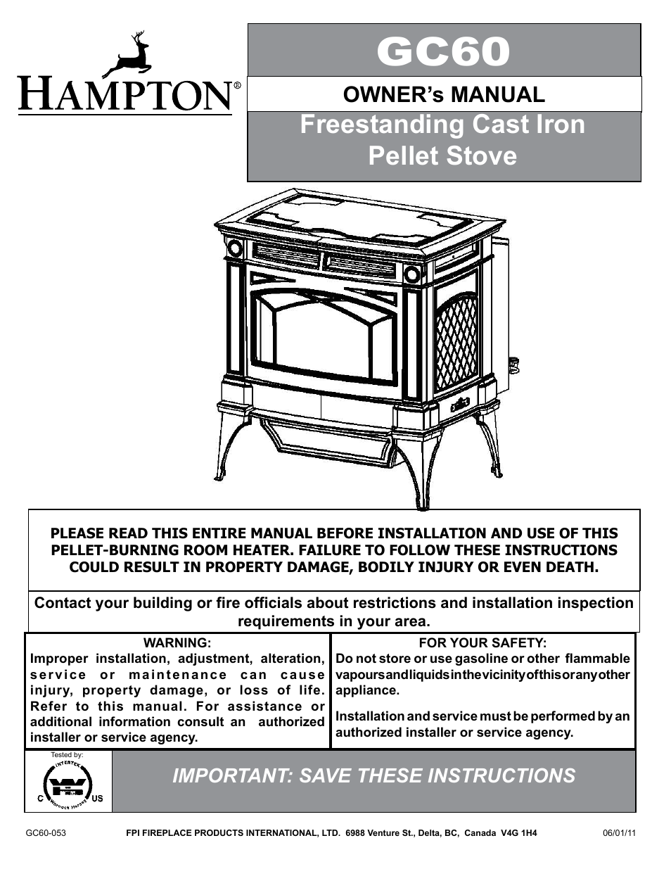 Regency Hampton GC60 Large Pellet Stove OWNER'S MANUAL User Manual | 18 pages