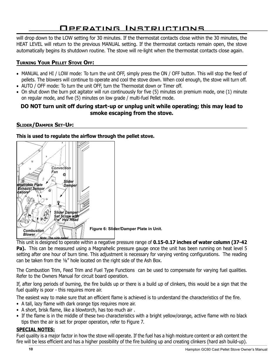 Operating instructions | Regency Hampton GC60 Large Pellet Stove OWNER'S MANUAL User Manual | Page 10 / 18