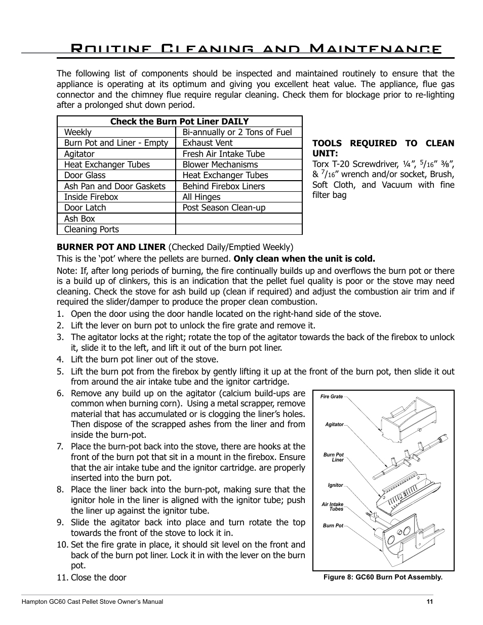 Routine cleaning and maintenance | Regency Hampton GC60 Large Pellet Stove OWNER'S MANUAL User Manual | Page 11 / 18