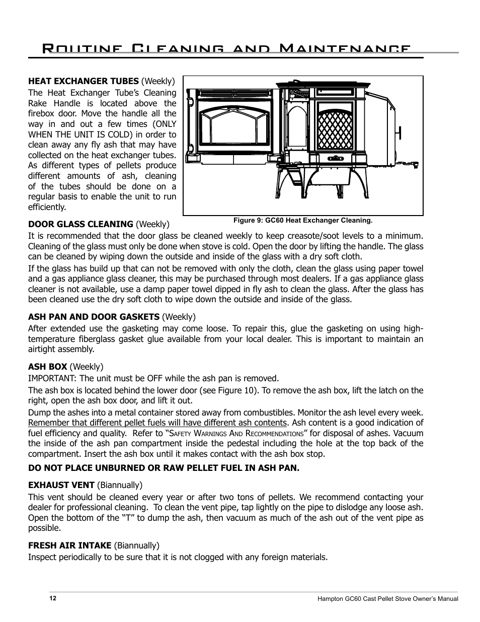 Routine cleaning and maintenance | Regency Hampton GC60 Large Pellet Stove OWNER'S MANUAL User Manual | Page 12 / 18