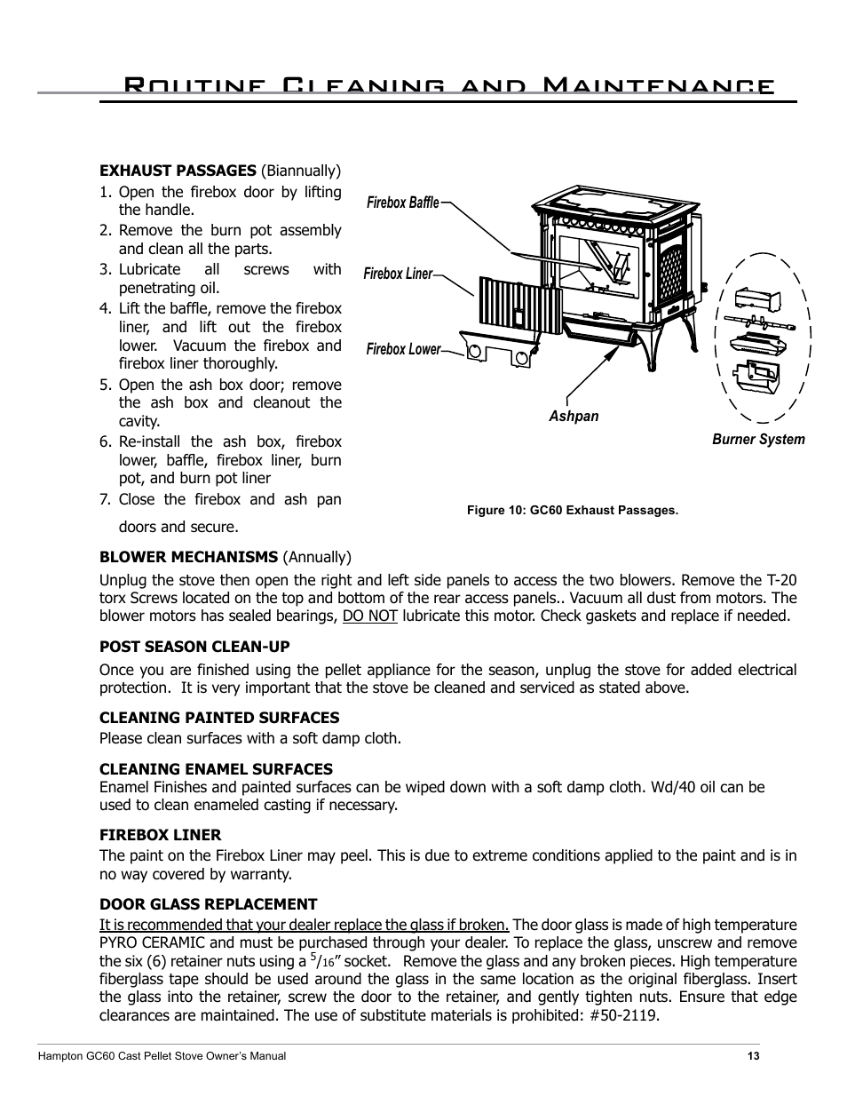 Routine cleaning and maintenance | Regency Hampton GC60 Large Pellet Stove OWNER'S MANUAL User Manual | Page 13 / 18