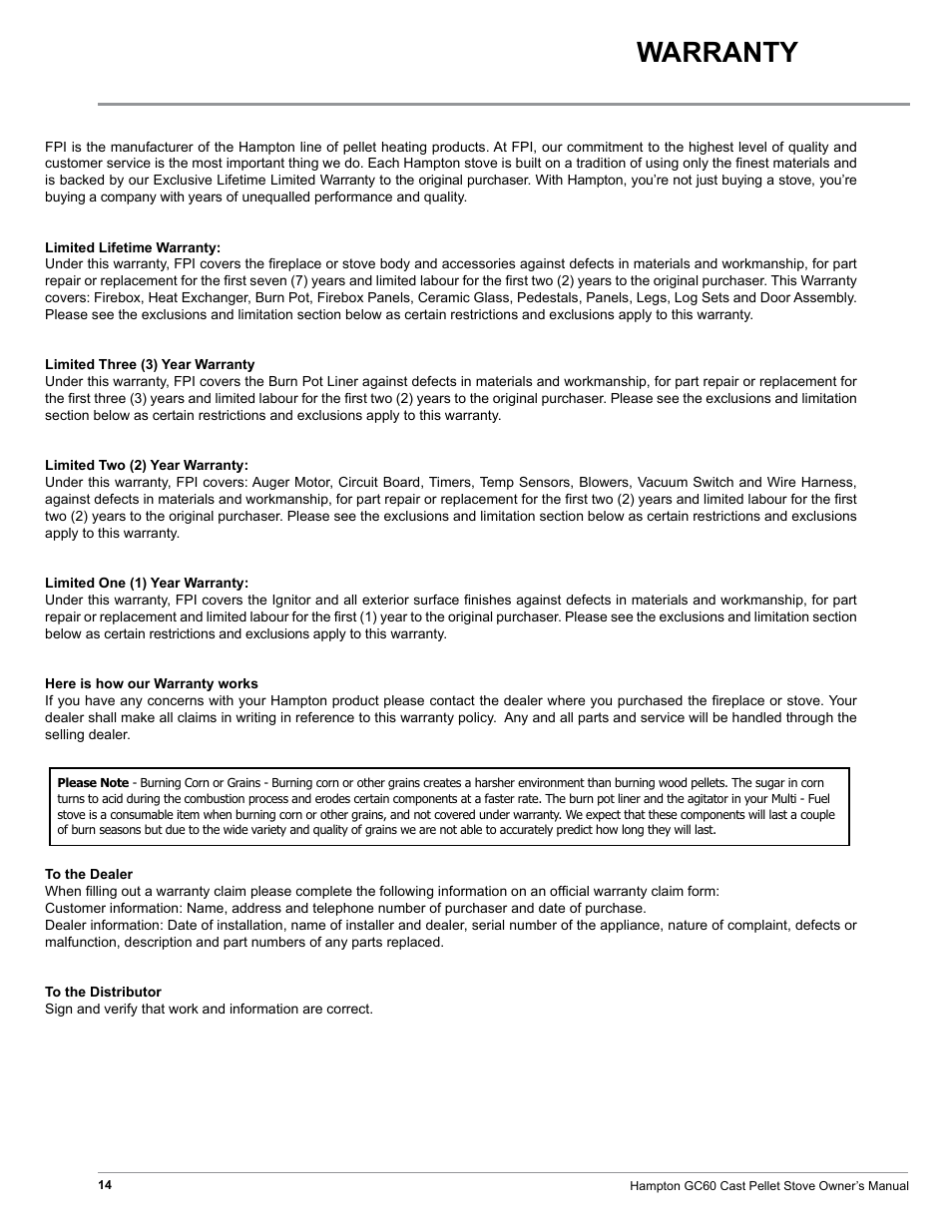 Warranty | Regency Hampton GC60 Large Pellet Stove OWNER'S MANUAL User Manual | Page 14 / 18