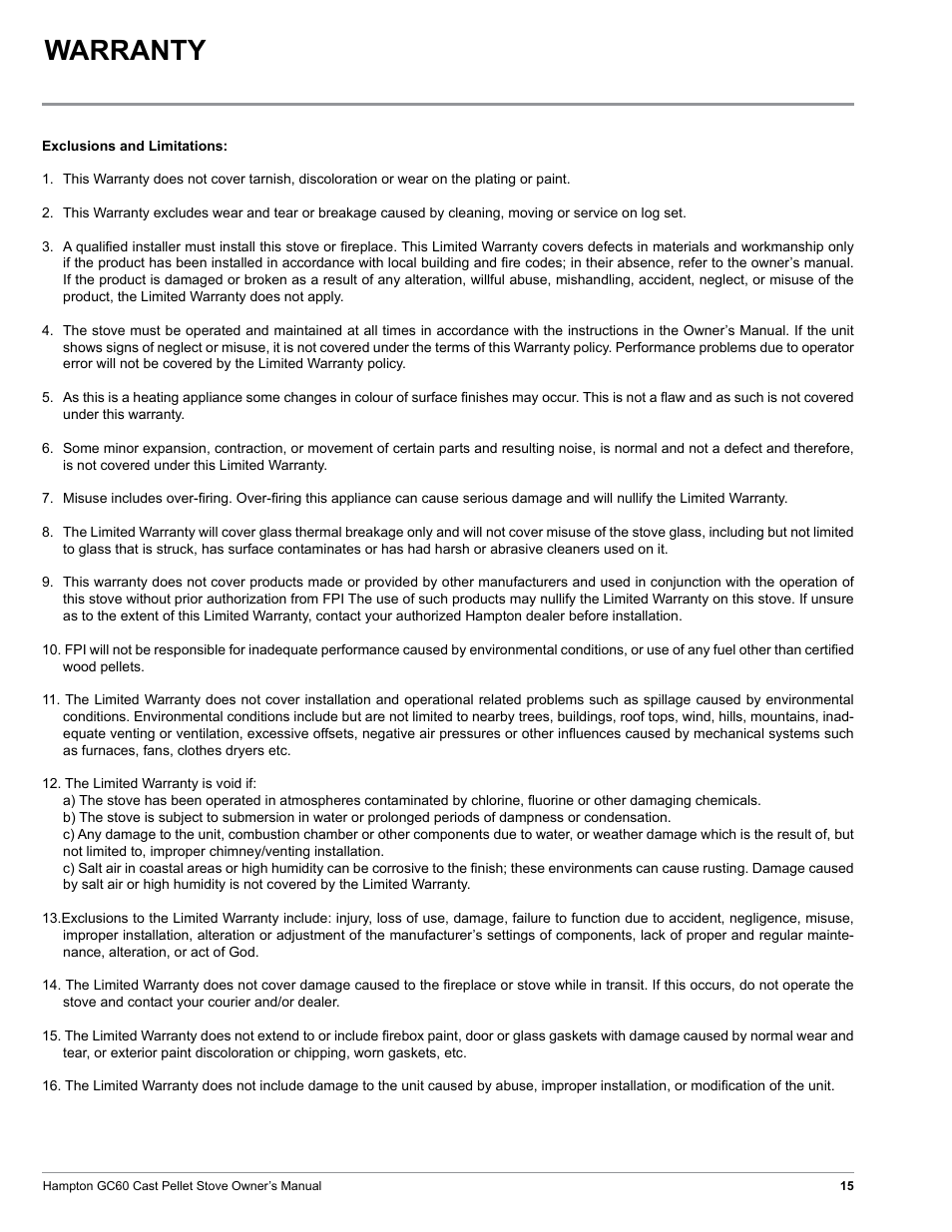 Warranty | Regency Hampton GC60 Large Pellet Stove OWNER'S MANUAL User Manual | Page 15 / 18