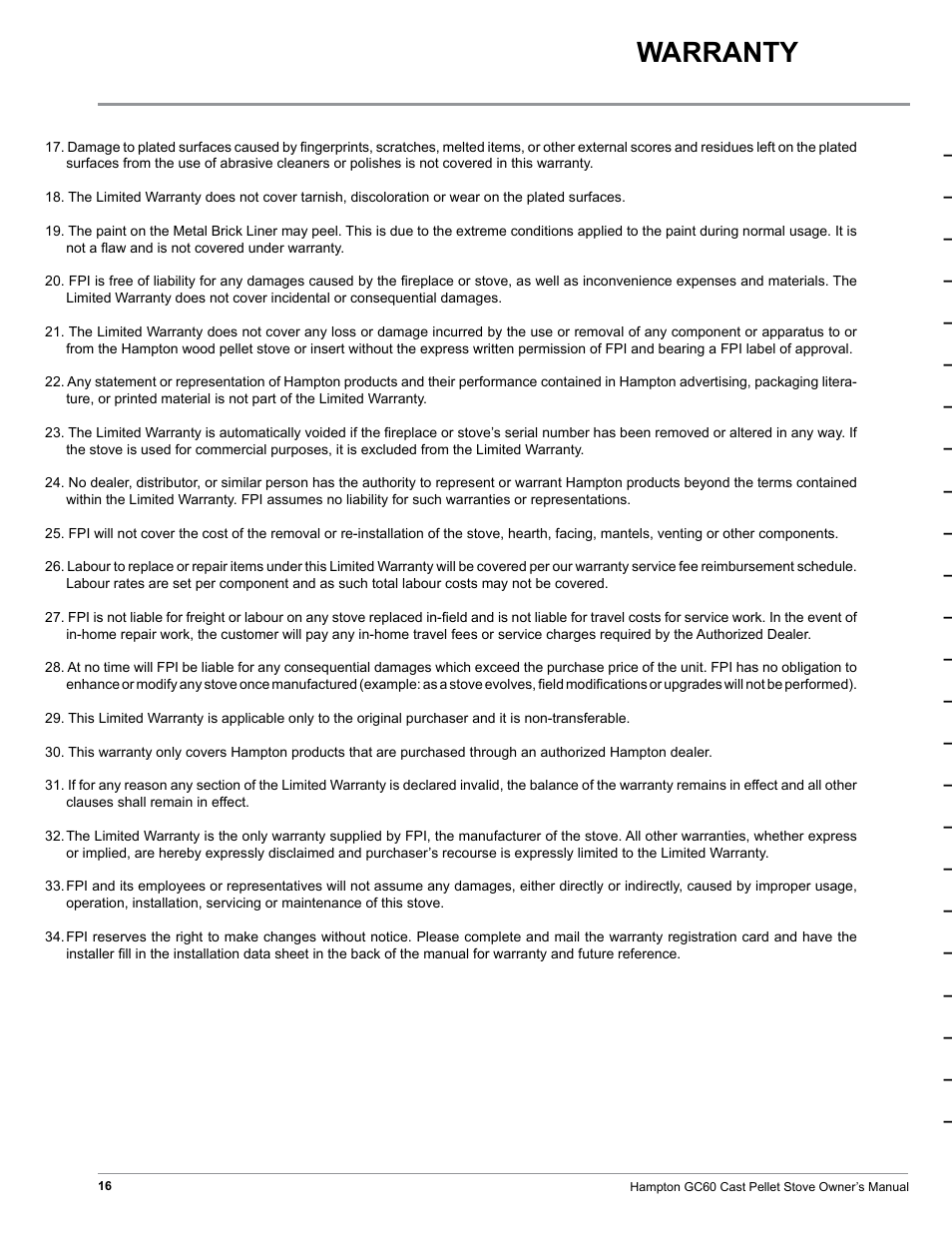 Warranty | Regency Hampton GC60 Large Pellet Stove OWNER'S MANUAL User Manual | Page 16 / 18