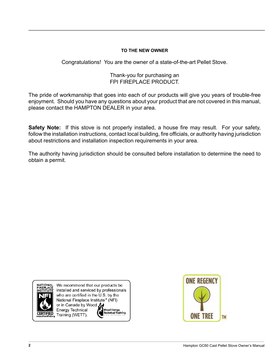 Regency Hampton GC60 Large Pellet Stove OWNER'S MANUAL User Manual | Page 2 / 18