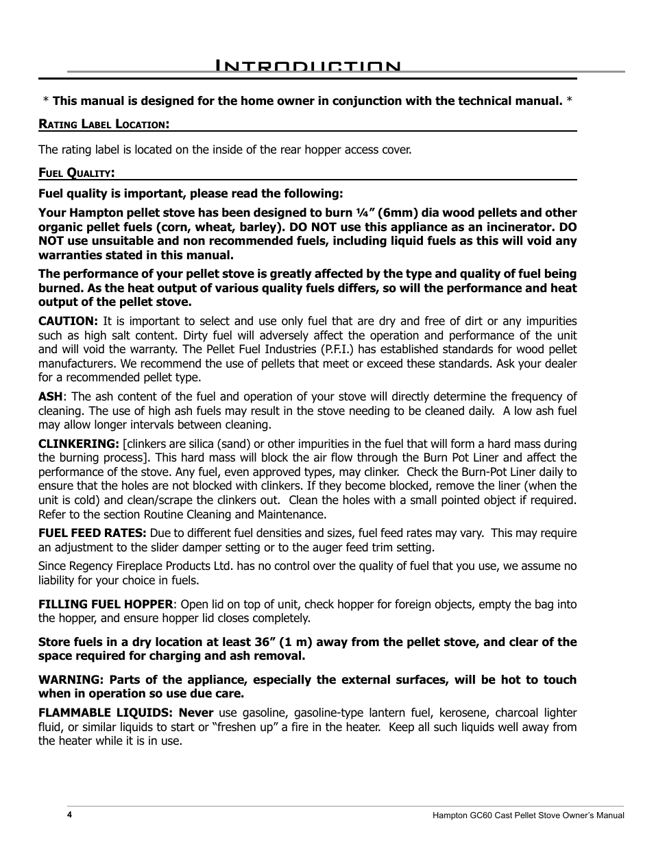 Introduction | Regency Hampton GC60 Large Pellet Stove OWNER'S MANUAL User Manual | Page 4 / 18