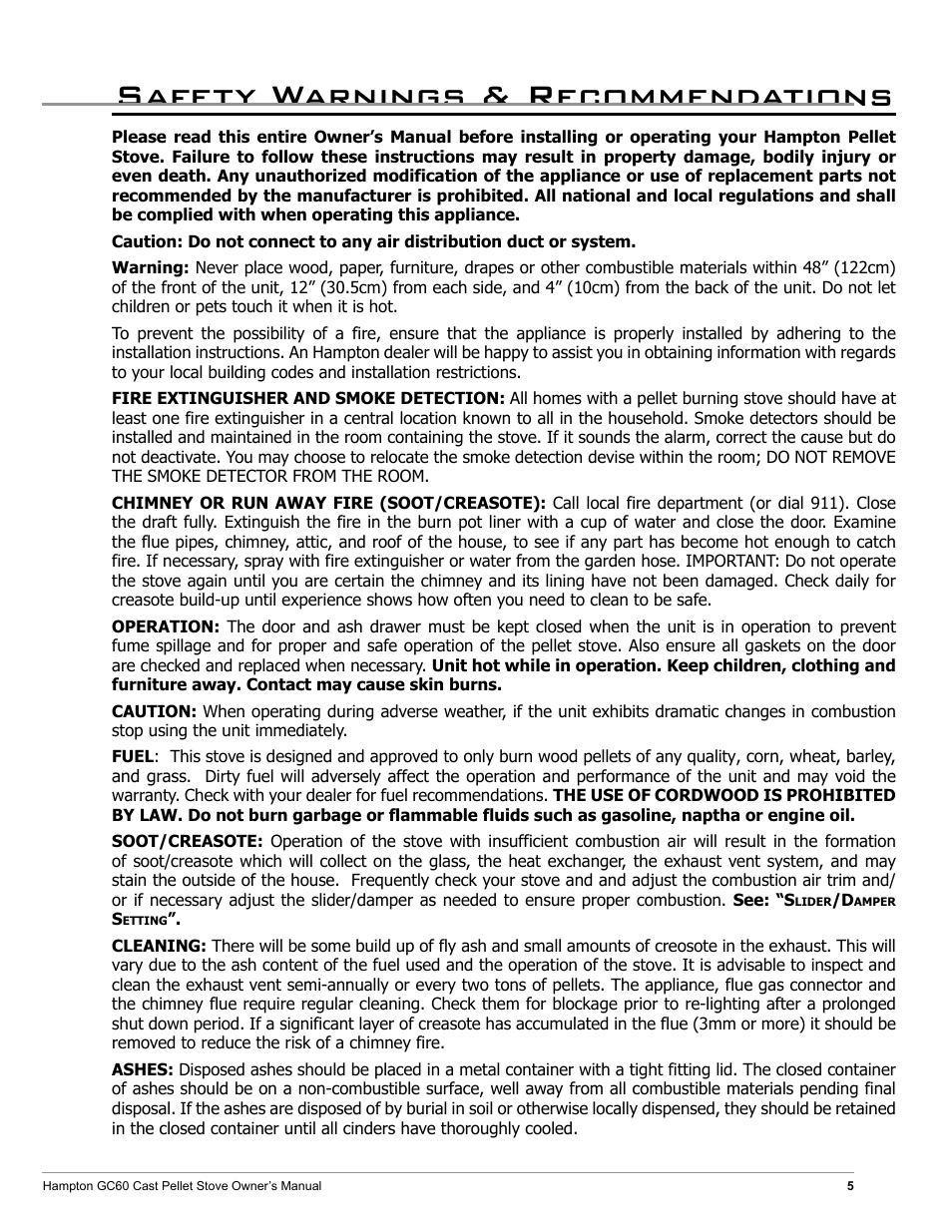 Safety warnings & recommendations | Regency Hampton GC60 Large Pellet Stove OWNER'S MANUAL User Manual | Page 5 / 18