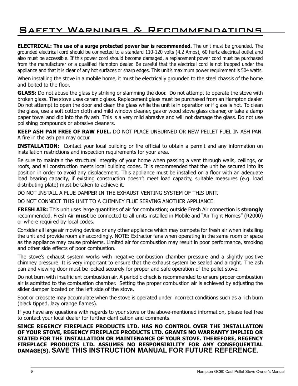 Safety warnings & recommendations, Save this instruction manual for future reference | Regency Hampton GC60 Large Pellet Stove OWNER'S MANUAL User Manual | Page 6 / 18