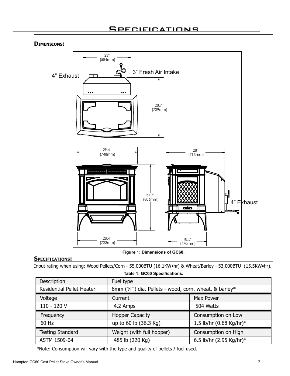 Specifications | Regency Hampton GC60 Large Pellet Stove OWNER'S MANUAL User Manual | Page 7 / 18