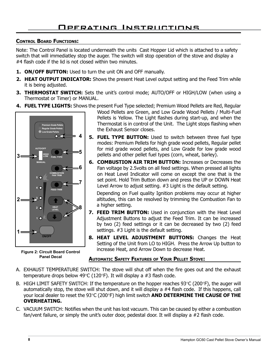 Operating instructions | Regency Hampton GC60 Large Pellet Stove OWNER'S MANUAL User Manual | Page 8 / 18