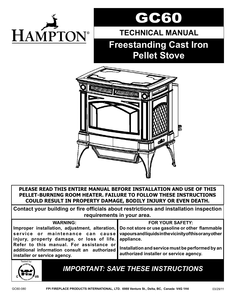 Regency Hampton GC60 Large Pellet Stove TECHNICAL MANUAL User Manual | 32 pages