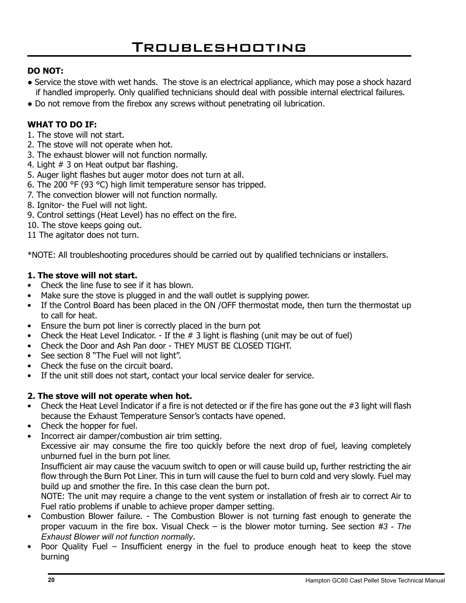 Troubleshooting | Regency Hampton GC60 Large Pellet Stove TECHNICAL MANUAL User Manual | Page 20 / 32