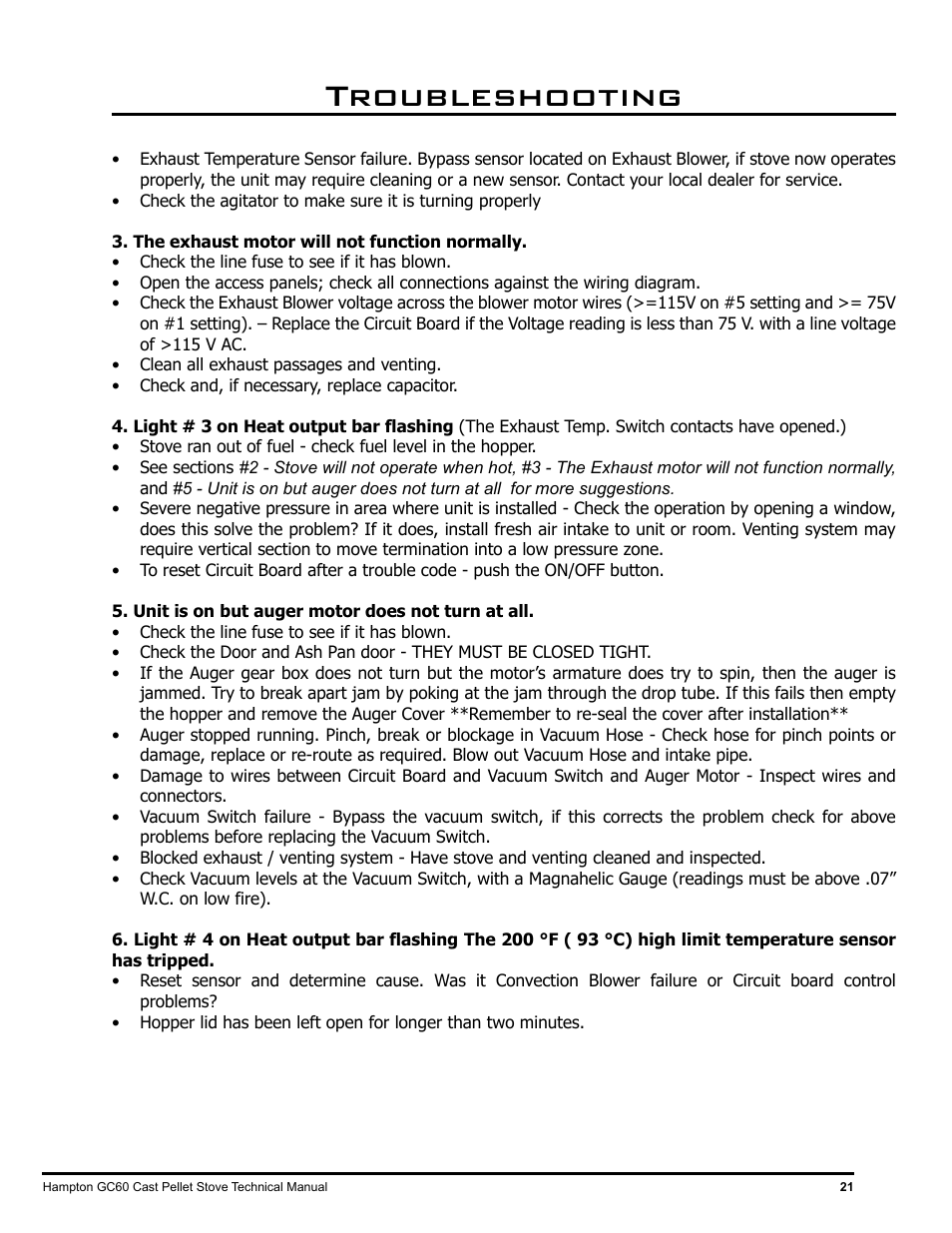 Troubleshooting | Regency Hampton GC60 Large Pellet Stove TECHNICAL MANUAL User Manual | Page 21 / 32