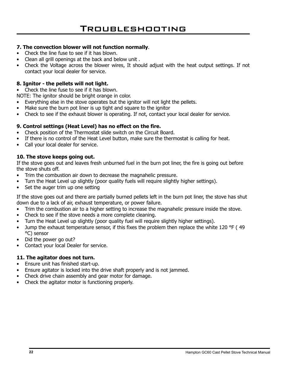 Troubleshooting | Regency Hampton GC60 Large Pellet Stove TECHNICAL MANUAL User Manual | Page 22 / 32