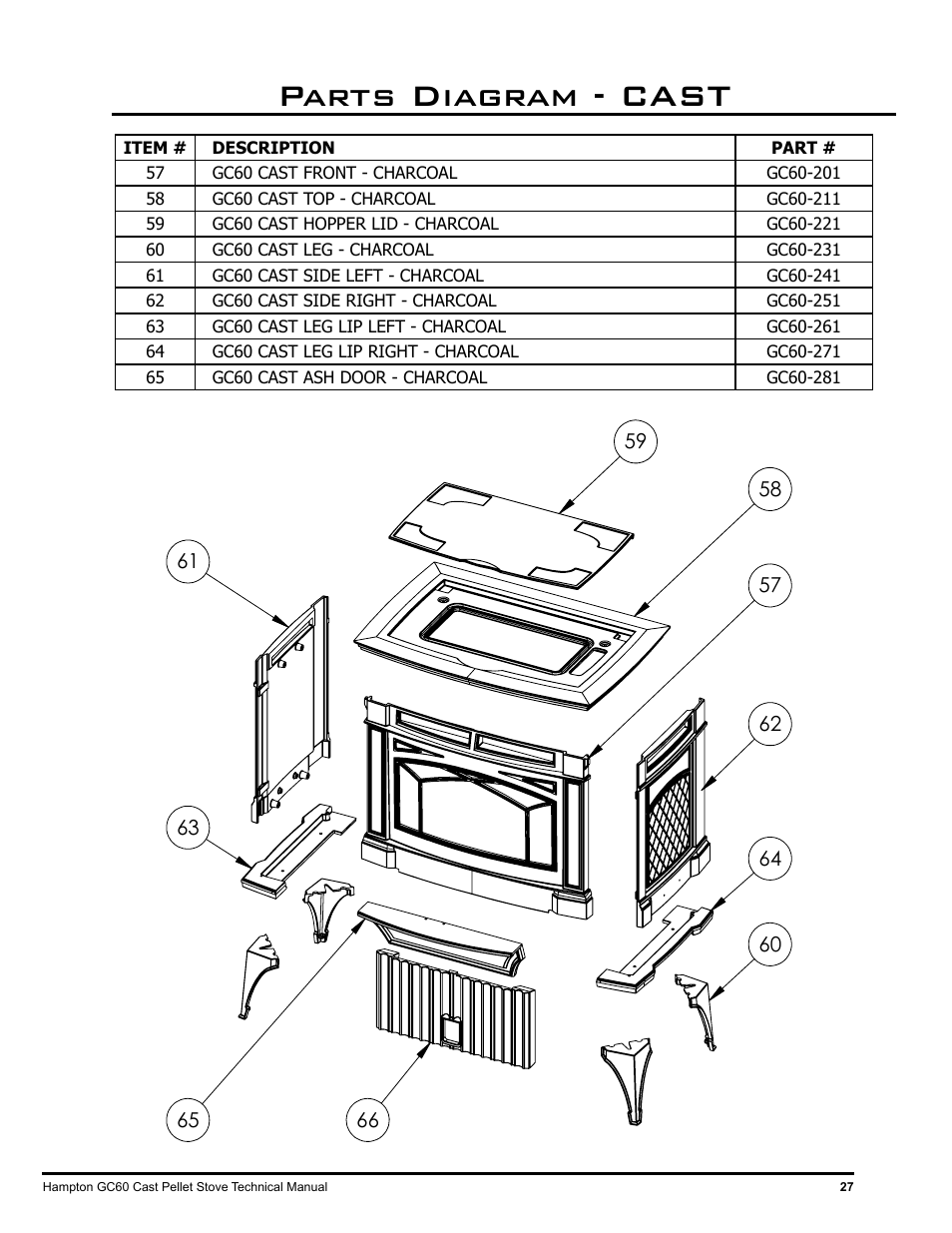 Parts diagram - cast | Regency Hampton GC60 Large Pellet Stove TECHNICAL MANUAL User Manual | Page 27 / 32