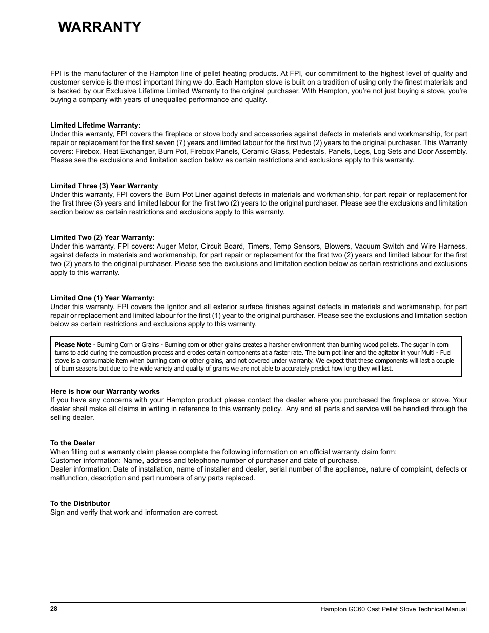 Warranty | Regency Hampton GC60 Large Pellet Stove TECHNICAL MANUAL User Manual | Page 28 / 32