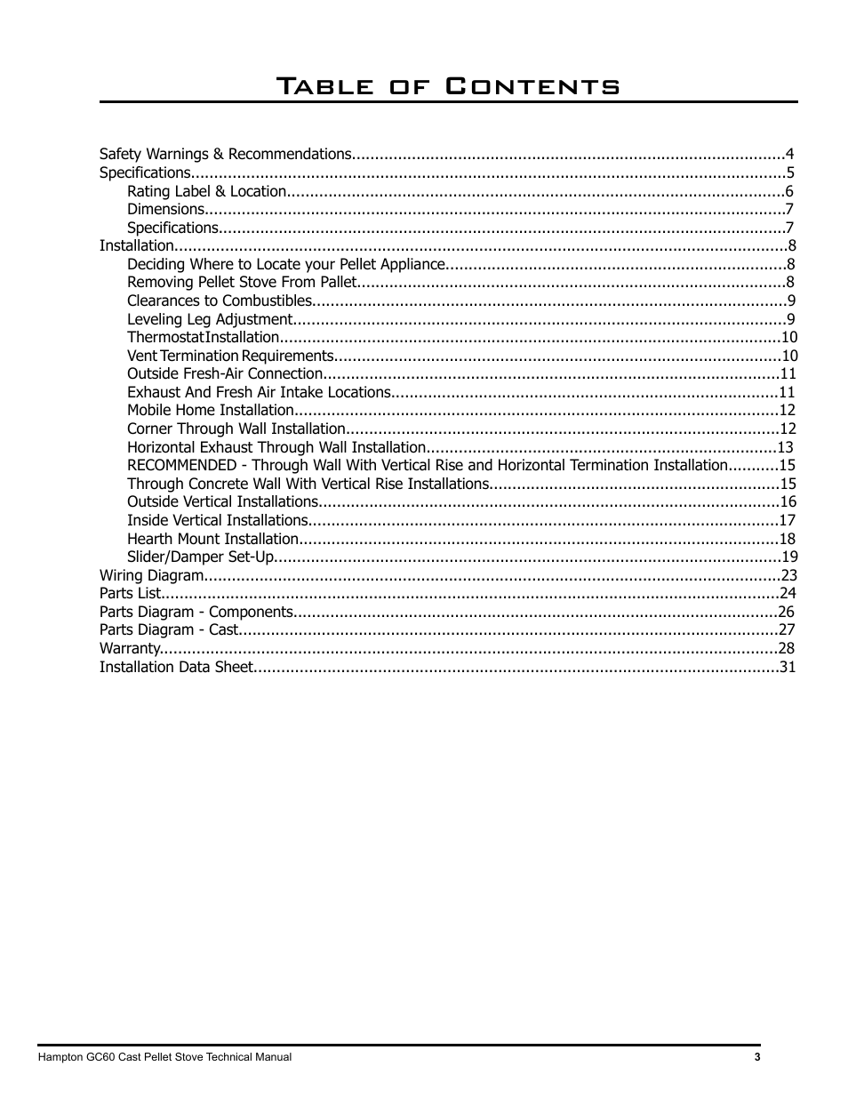 Regency Hampton GC60 Large Pellet Stove TECHNICAL MANUAL User Manual | Page 3 / 32