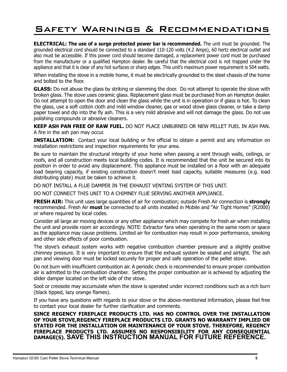 Safety warnings & recommendations, Save this instruction manual for future reference | Regency Hampton GC60 Large Pellet Stove TECHNICAL MANUAL User Manual | Page 5 / 32