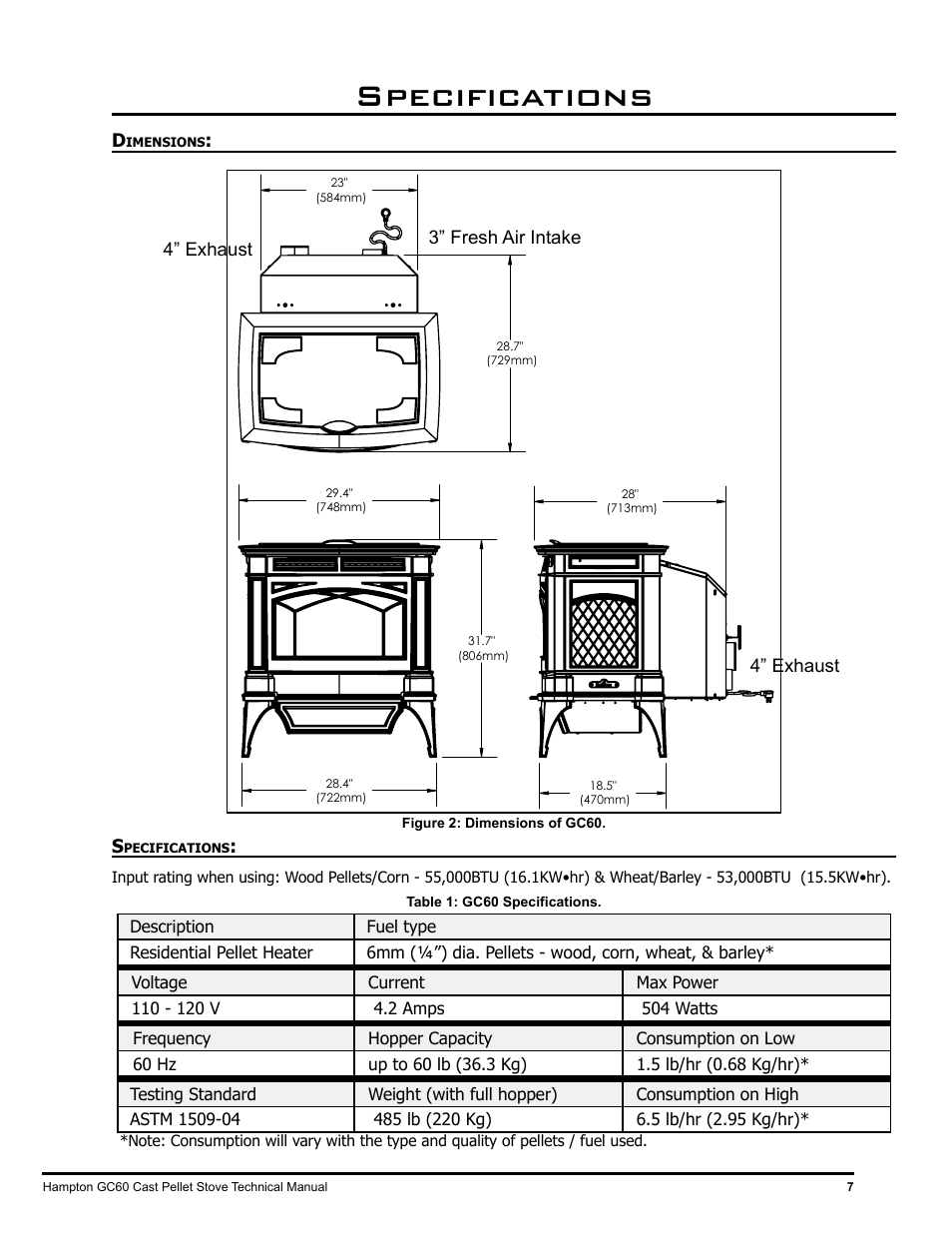 Specifications | Regency Hampton GC60 Large Pellet Stove TECHNICAL MANUAL User Manual | Page 7 / 32