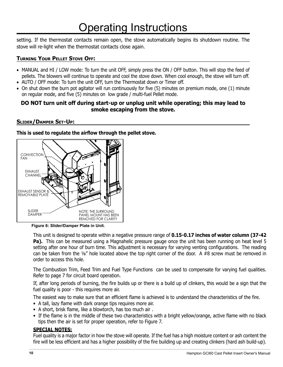 Operating instructions | Regency Hampton GCI60 Large Pellet Insert OWNER'S MANUAL User Manual | Page 10 / 18