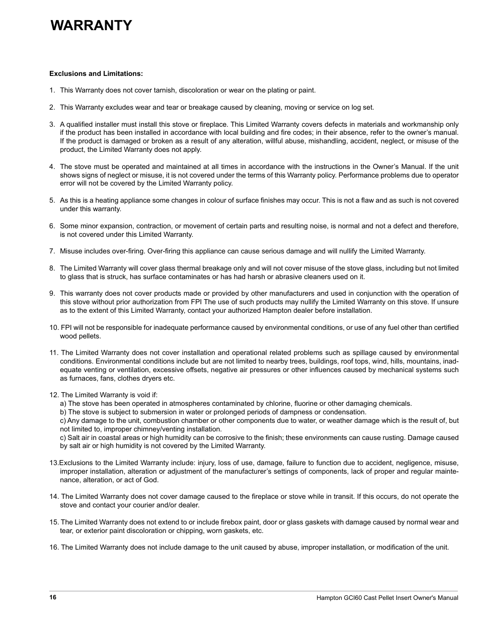 Warranty | Regency Hampton GCI60 Large Pellet Insert OWNER'S MANUAL User Manual | Page 16 / 18