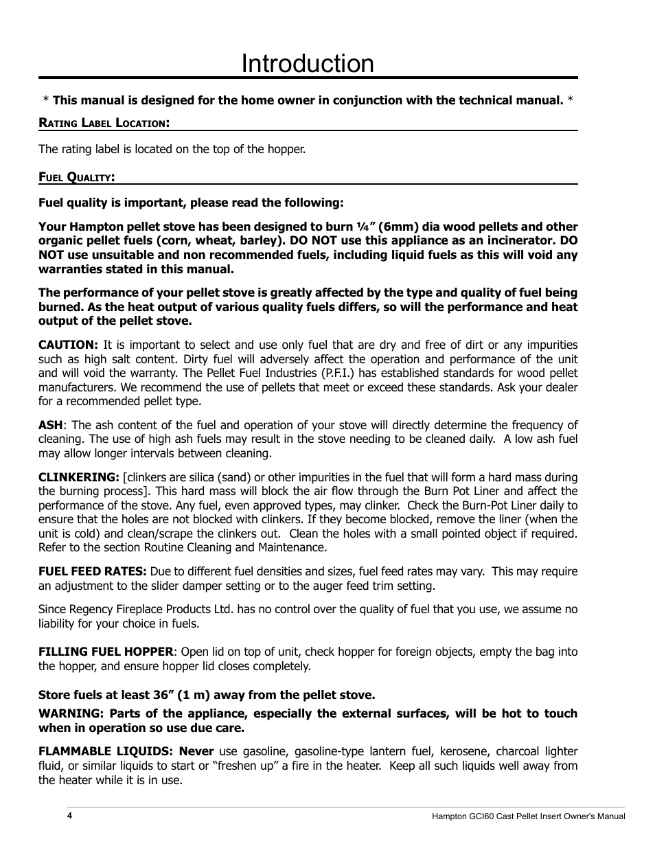 Introduction | Regency Hampton GCI60 Large Pellet Insert OWNER'S MANUAL User Manual | Page 4 / 18