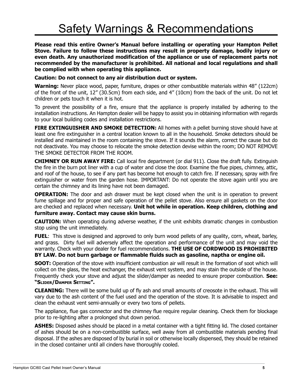 Safety warnings & recommendations | Regency Hampton GCI60 Large Pellet Insert OWNER'S MANUAL User Manual | Page 5 / 18
