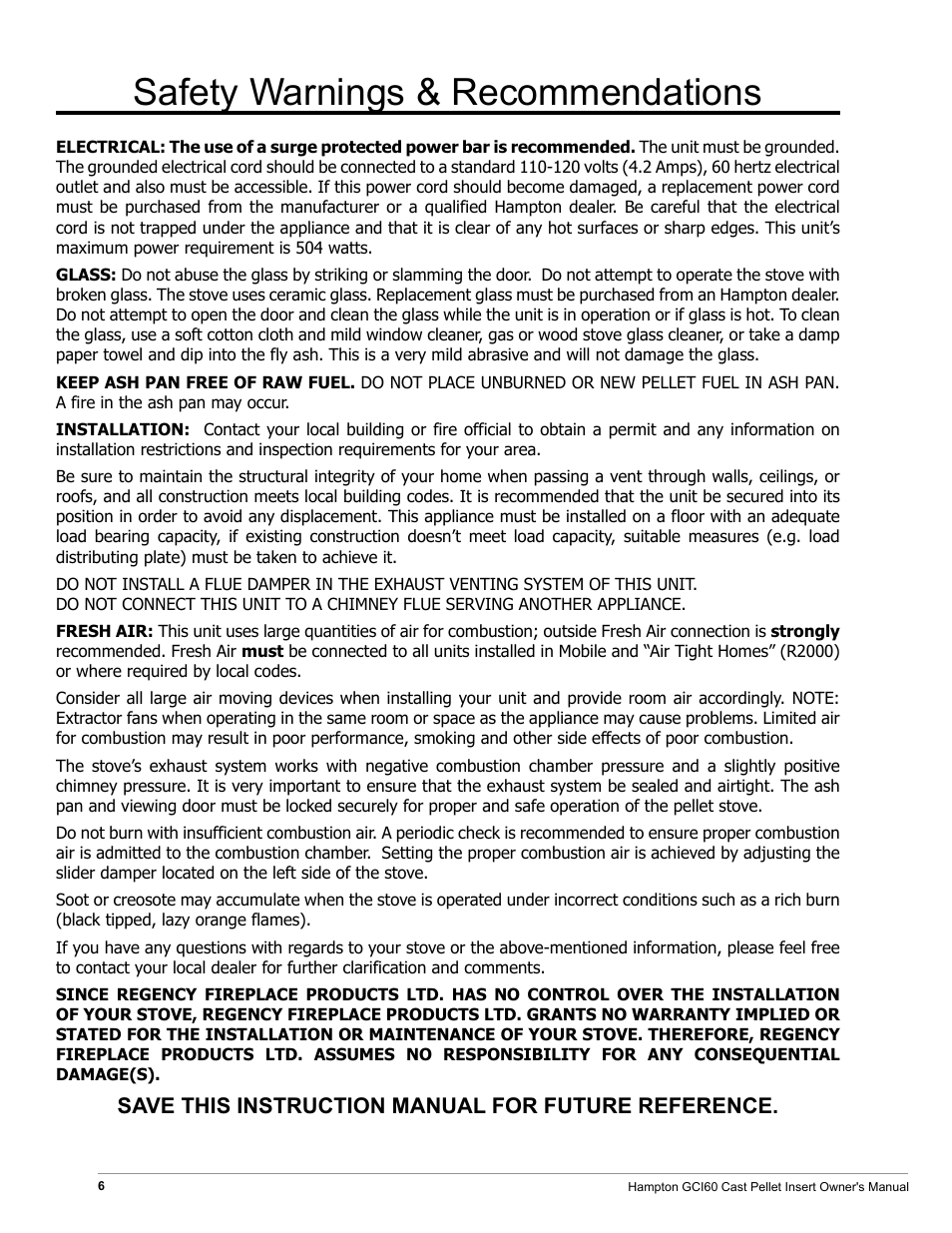 Safety warnings & recommendations, Save this instruction manual for future reference | Regency Hampton GCI60 Large Pellet Insert OWNER'S MANUAL User Manual | Page 6 / 18