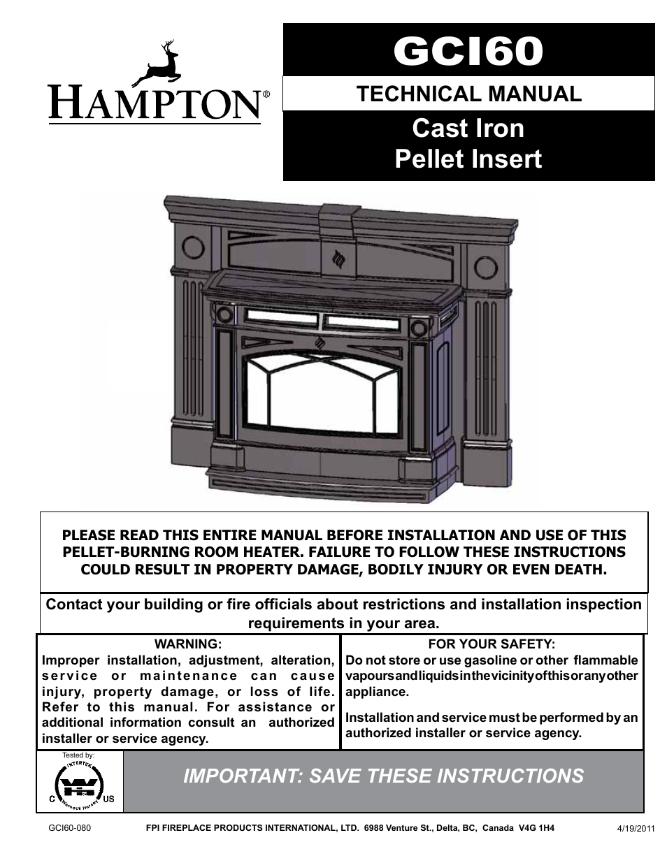 Regency Hampton GCI60 Large Pellet Insert TECHNICAL MANUAL User Manual | 34 pages