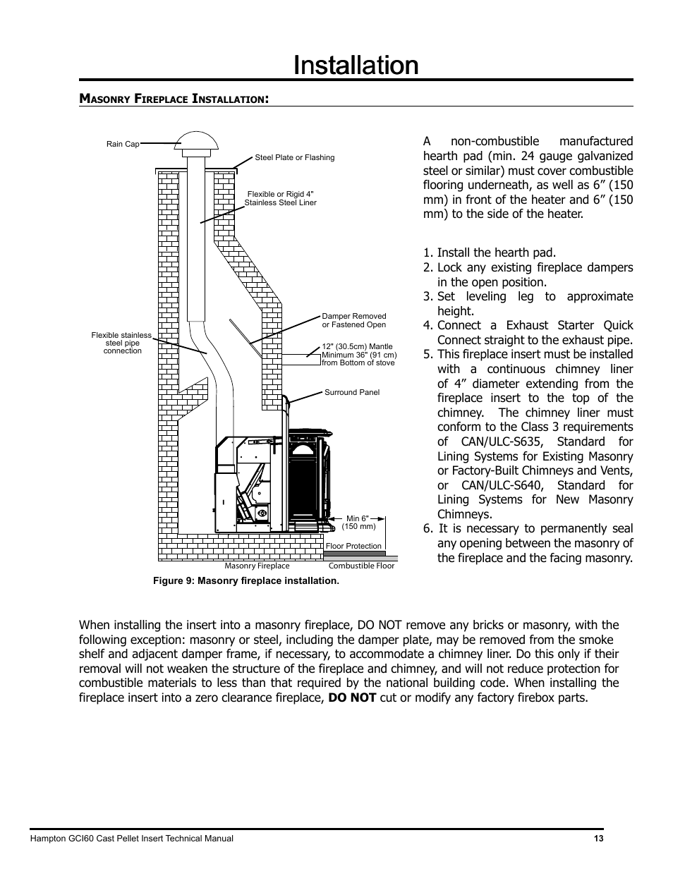 Installation | Regency Hampton GCI60 Large Pellet Insert TECHNICAL MANUAL User Manual | Page 13 / 34