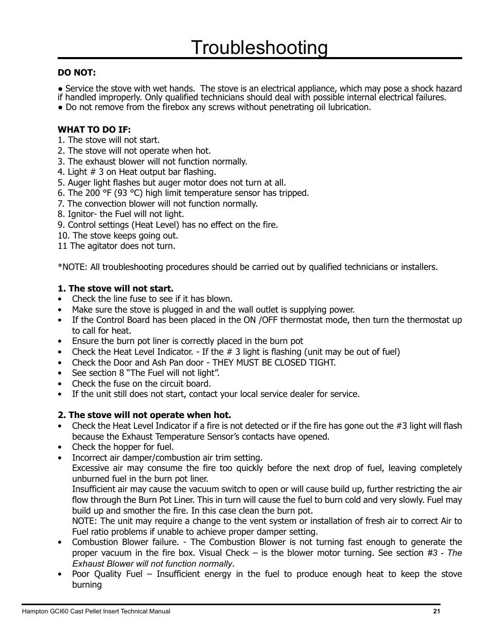 Troubleshooting | Regency Hampton GCI60 Large Pellet Insert TECHNICAL MANUAL User Manual | Page 21 / 34